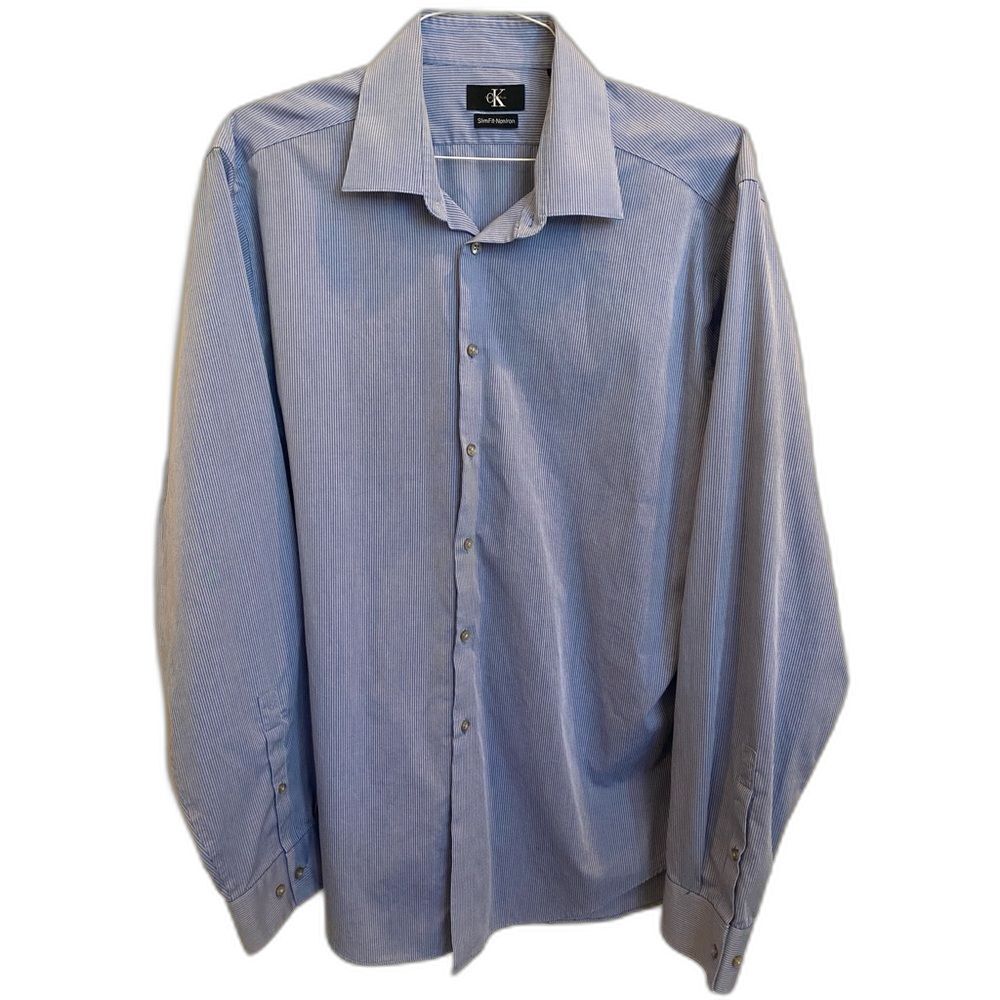 Calvin Klein Slim Fit Pinstripe Button Down Collared Dress Shirt Men's Sz XL